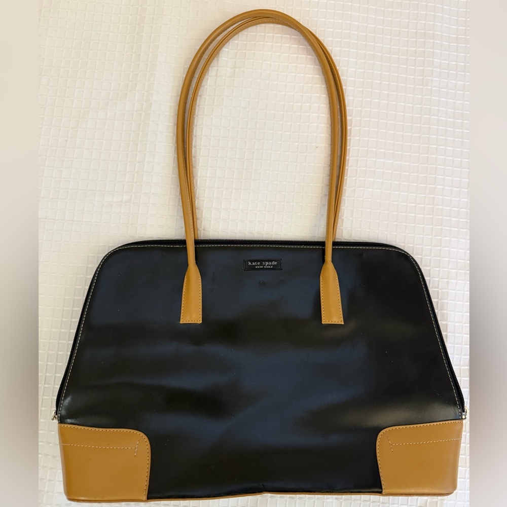Vintage Kate Spade Black and Tan Leather Tote with Contrast Handles